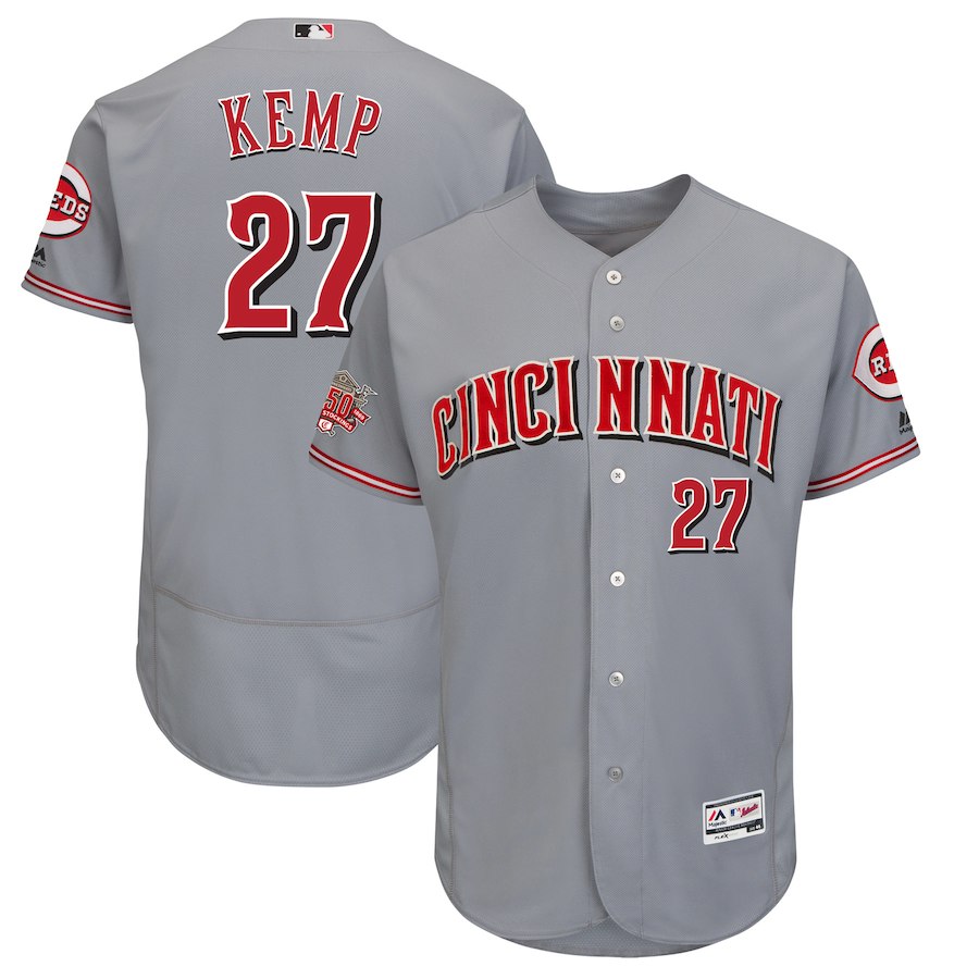 Men's Reds #27 Matt Kemp Majestic Gray 150th Anniversary Road Authentic Collection Flex Base Player Jersey Men's Reds #27 Matt Kemp Majestic Gray 150th Anniversary Road Authentic Collection Flex Base Player Jersey