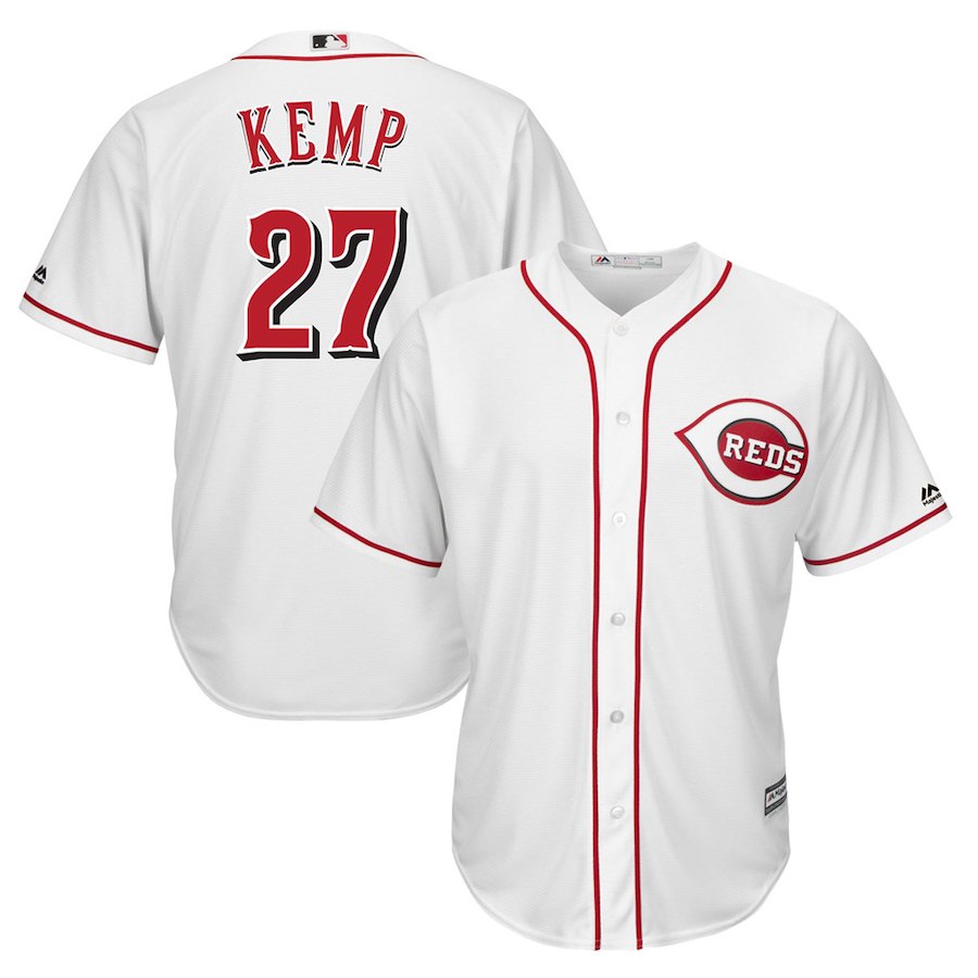 Men's Reds #27 Matt Kemp Majestic White Home Official Cool Base Player Jersey Men's Reds #27 Matt Kemp Majestic White Home Official Cool Base Player Jersey