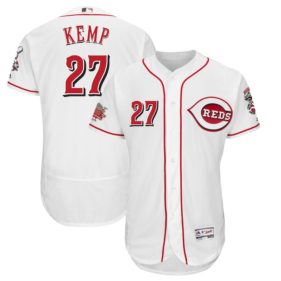Men's Reds #27 Matt Kemp Majestic White 150th Anniversary Home Authentic Collection Flex Base Player Jersey Men's Reds #27 Matt Kemp Majestic White 150th Anniversary Home Authentic Collection Flex Base Player Jersey