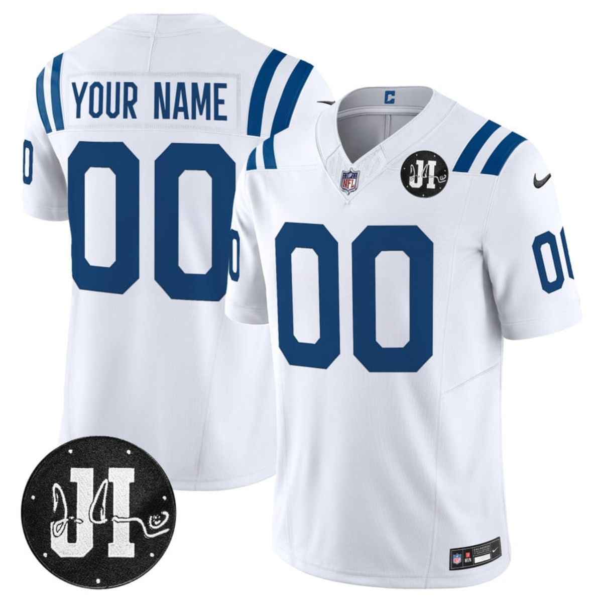 Men's Indianapolis Colts Active Player Custom White 2025 F.U.S.E. Jim Irsay Patch Vapor Limited Stitched Football Jersey Men's Indianapolis Colts Active Player Custom White 2025 F.U.S.E. Jim Irsay Patch Vapor Limited Stitched Football Jersey