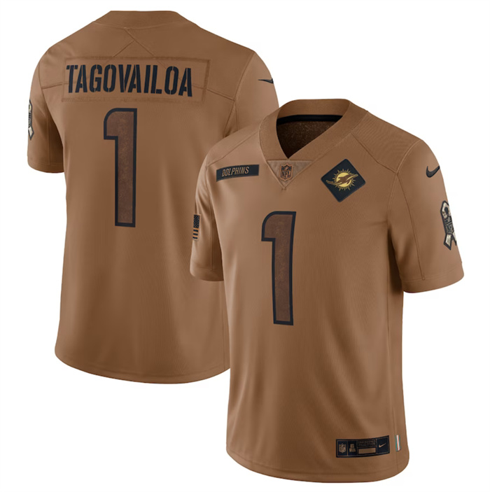 Men's Miami Dolphins #1 Tua Tagovailoa 2023 Brown Salute To Service Limited Stitched Football Jersey Men's Miami Dolphins #1 Tua Tagovailoa 2023 Brown Salute To Service Limited Stitched Football Jersey