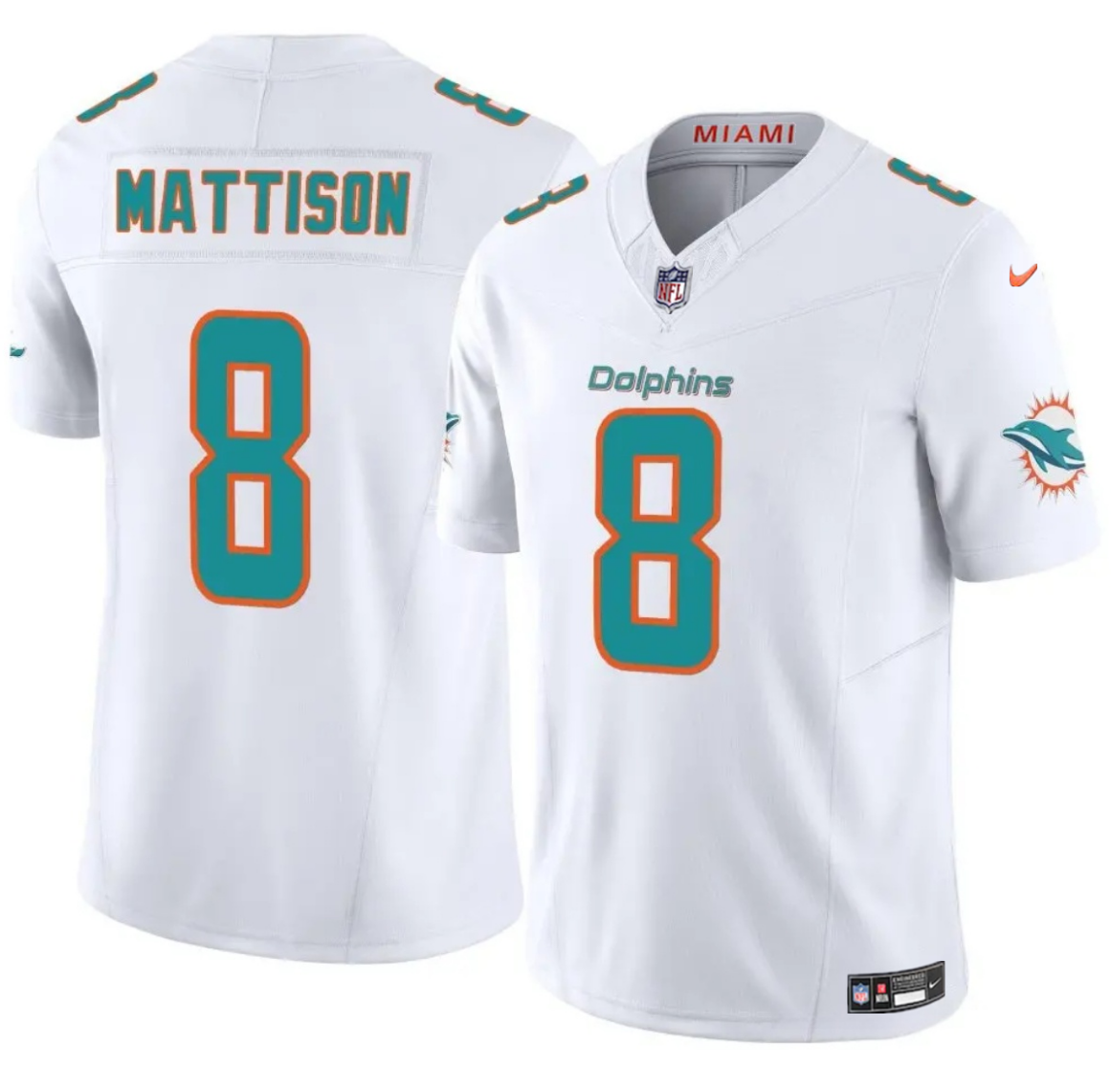 Men's Miami Dolphins #8 Alexander Mattison White 2025 F.U.S.E. Vapor Limited Stitched Football Jersey Men's Miami Dolphins #8 Alexander Mattison White 2025 F.U.S.E. Vapor Limited Stitched Football Jersey