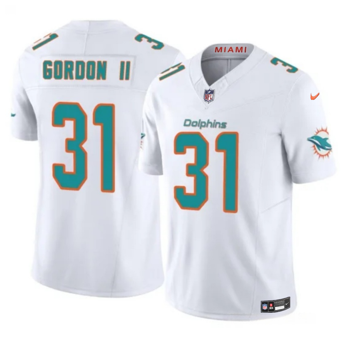 Men's Miami Dolphins #31 Ollie Gordon II White 2025 F.U.S.E. Vapor Limited Stitched Football Jersey Men's Miami Dolphins #31 Ollie Gordon II White 2025 F.U.S.E. Vapor Limited Stitched Football Jersey