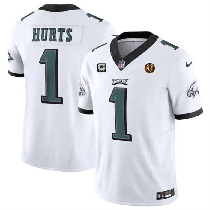 Men's Philadelphia Eagles #1 Jalen Hurts White 2023 F.U.S.E. With 3-star C Patch And John Madden Patch Vapor Limited Stitched Football Jersey Men's Philadelphia Eagles #1 Jalen Hurts White 2023 F.U.S.E. With 3-star C Patch And John Madden Patch Vapor Limited Stitched Football Jersey