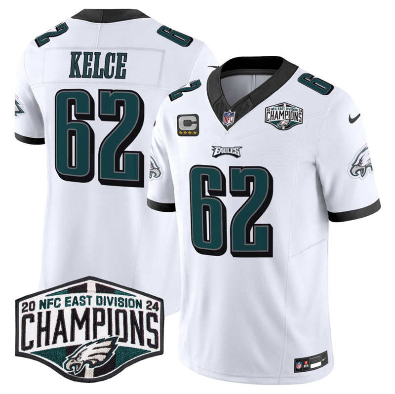 Men's Philadelphia Eagles #62 Jason Kelce White 2024 NFC Est Champions With 4-Star C Patch F.U.S.E. Vapor Untouchable Limited Stitched Football Jersey Men's Philadelphia Eagles #62 Jason Kelce White 2024 NFC Est Champions With 4-Star C Patch F.U.S.E. Vapor Untouchable Limited Stitched Football Jersey