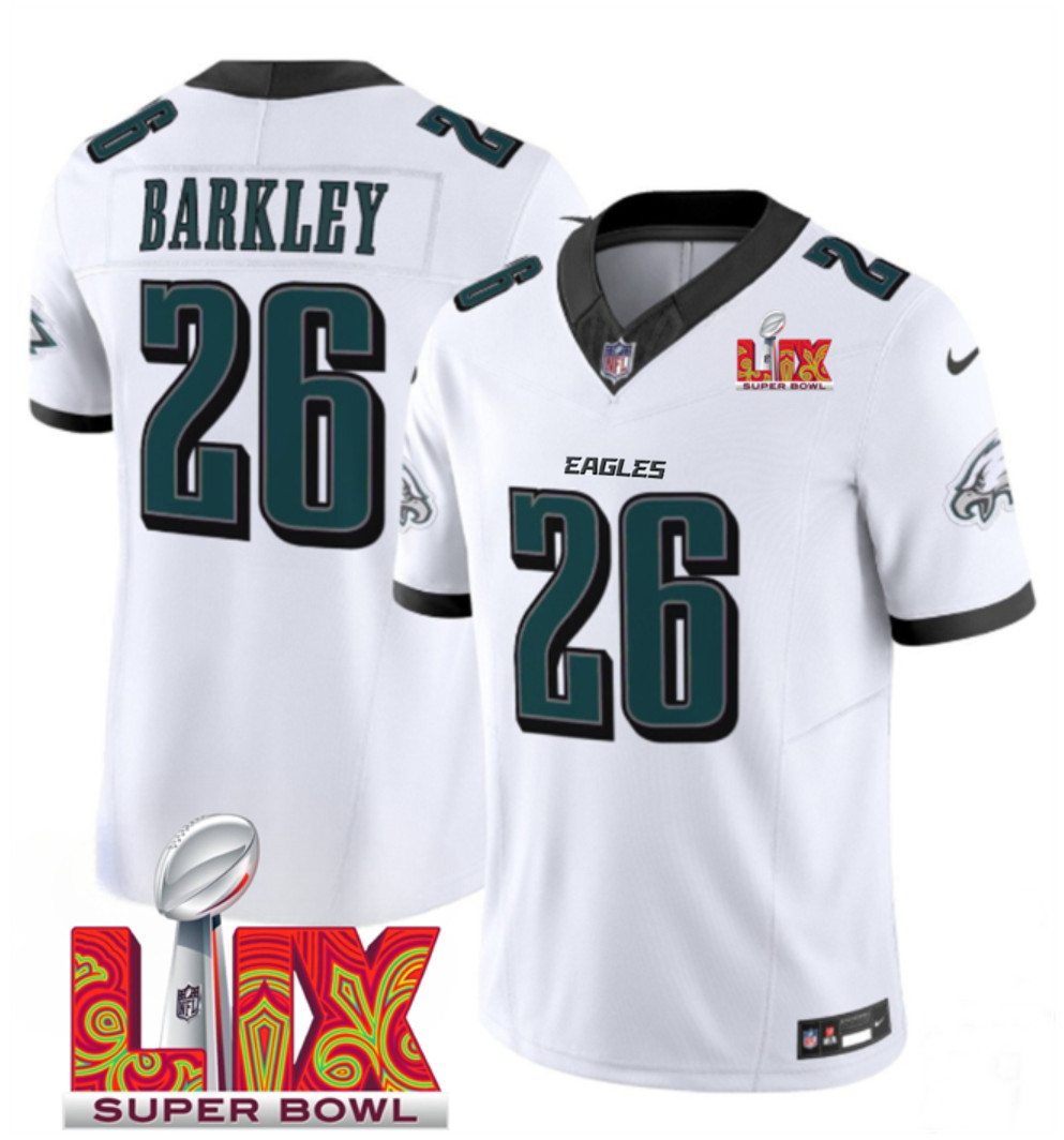 Men's Philadelphia Eagles #26 Saquon Barkley White F.U.S.E. 24/25 Super Bowl LIX Vapor Untouchable Limited Stitched Football Jersey Men's Philadelphia Eagles #26 Saquon Barkley White F.U.S.E. 24/25 Super Bowl LIX Vapor Untouchable Limited Stitched Football Jersey
