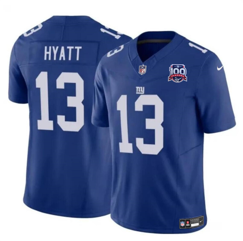 Men's New York Giants #13 Jalin Hyatt Blue 2024 F.U.S.E. 100TH Season Patch Vapor Untouchable Limited Stitched Jersey Men's New York Giants #13 Jalin Hyatt Blue 2024 F.U.S.E. 100TH Season Patch Vapor Untouchable Limited Stitched Jersey