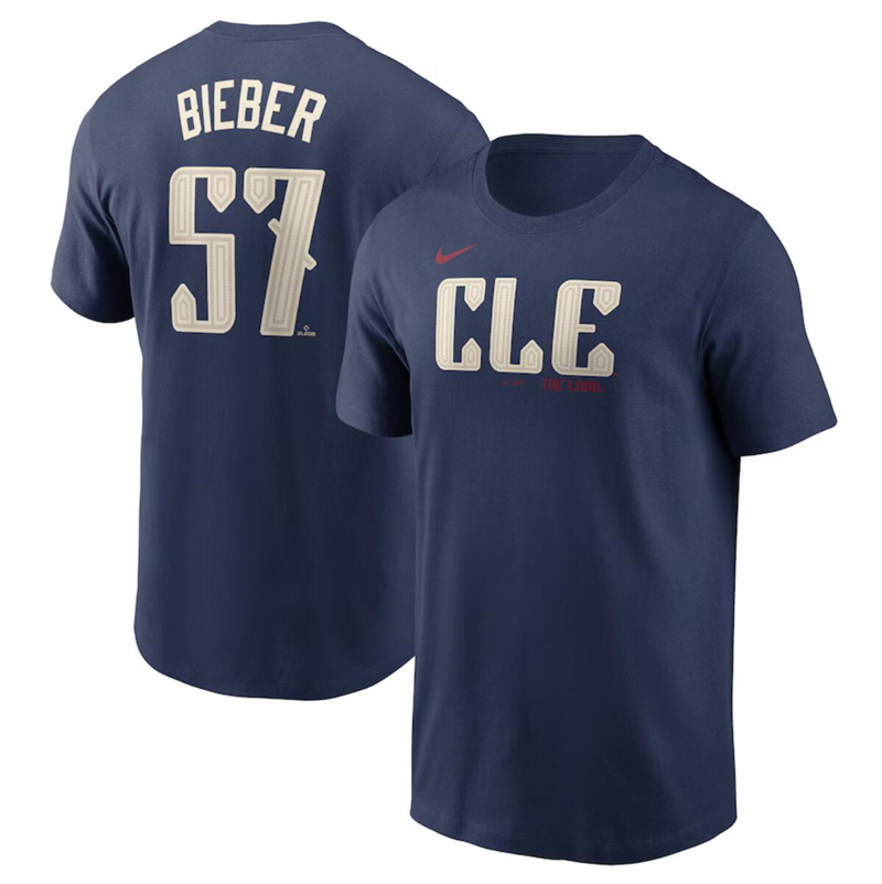 Men's Cleveland Guardians #57 Shane Bieber Navy 2024 City Connect Name & Number T-Shirt Men's Cleveland Guardians #57 Shane Bieber Navy 2024 City Connect Name & Number T-Shirt