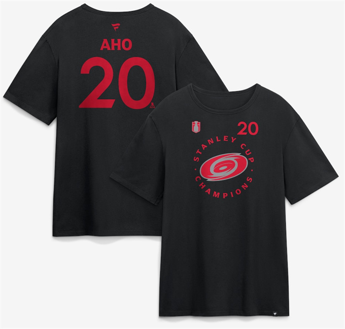 Men's Carolina Hurricanes #20 Sebastian Aho Black 2026 Stanley Cup Champions Name & Number T-Shirt