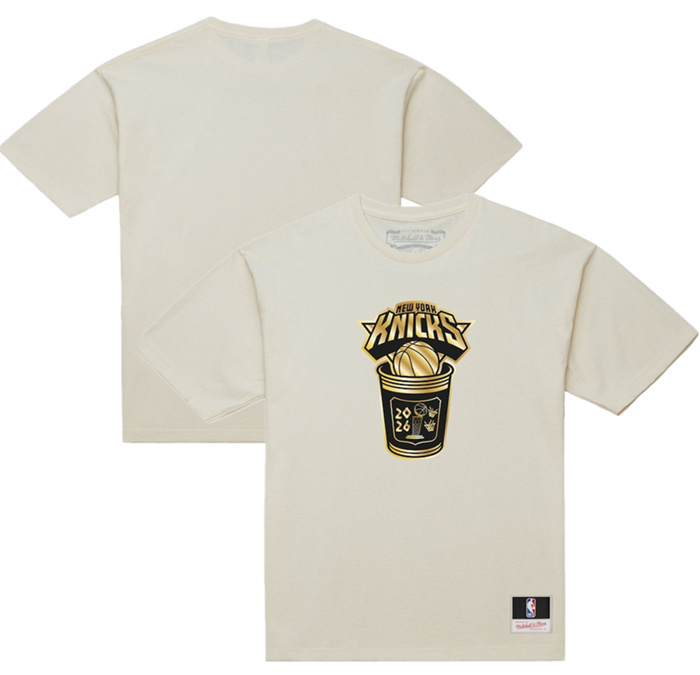 Men's New York Knicks Cream 2026 Finals Champions Gold Coffee Cup T-Shirt