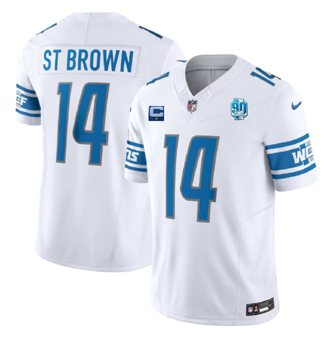 Men's Detroit Lions #14 Amon-Ra St. Brown White 2023 F.U.S.E. With 1-Star C Patch And 90th Anniversary Patch Vapor Untouchable Limited Stitched Jersey Men's Detroit Lions #14 Amon-Ra St. Brown White 2023 F.U.S.E. With 1-Star C Patch And 90th Anniversary Patch Vapor Untouchable Limited Stitched Jersey