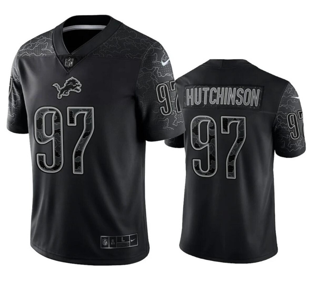 Men's Detroit Lions #97 Aidan Hutchinson Black Reflective Stitched Jersey Men's Detroit Lions #97 Aidan Hutchinson Black Reflective Stitched Jersey