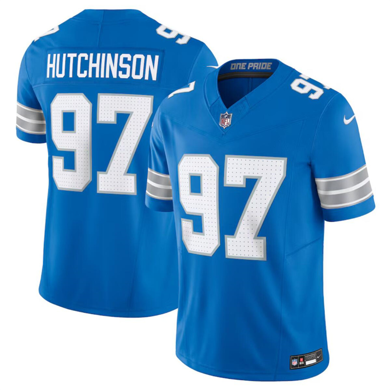 Men's Detroit Lions #97 Aidan Hutchinson Blue 2024 F.U.S.E. Vapor Limited Stitched Jersey Men's Detroit Lions #97 Aidan Hutchinson Blue 2024 F.U.S.E. Vapor Limited Stitched Jersey