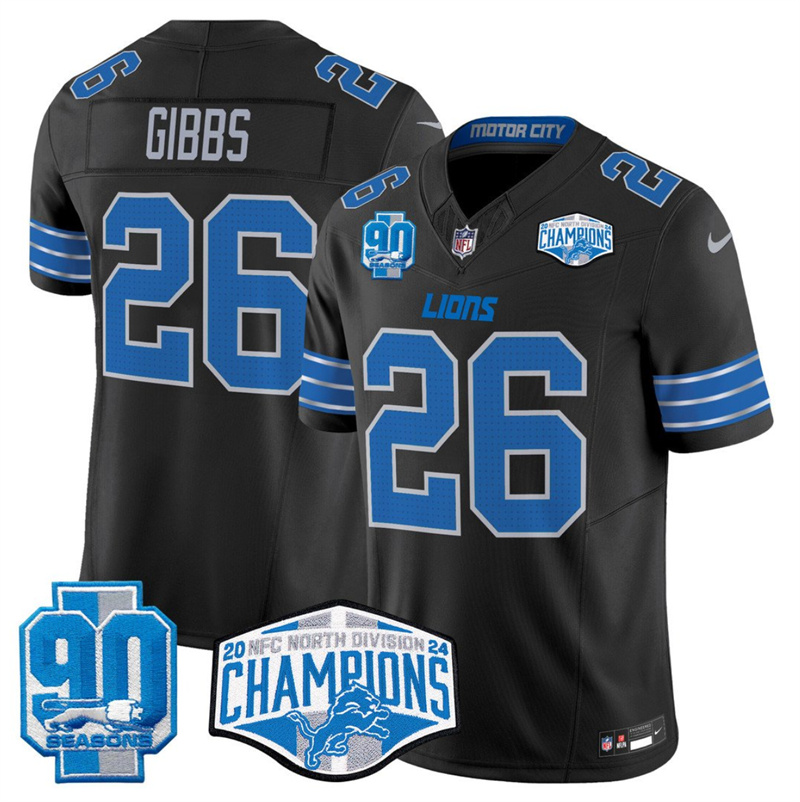 Men's Detroit Lions #26 Jahmyr Gibbs Black 2024 NFC North Champions 90th Anniversary Patch F.U.S.E. Vapor Limited Stitched Jersey Men's Detroit Lions #26 Jahmyr Gibbs Black 2024 NFC North Champions 90th Anniversary Patch F.U.S.E. Vapor Limited Stitched Jersey