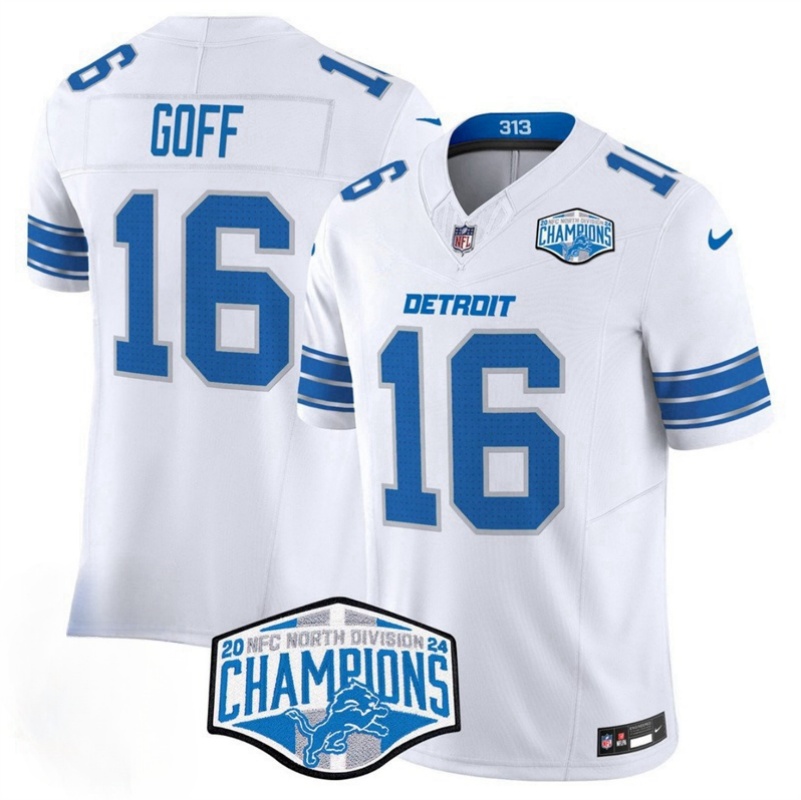 Men's Detroit Lions #16 Jared Goff White 2024 NFC North Champions 90th Anniversary Patch F.U.S.E. Vapor Limited Stitched Jersey