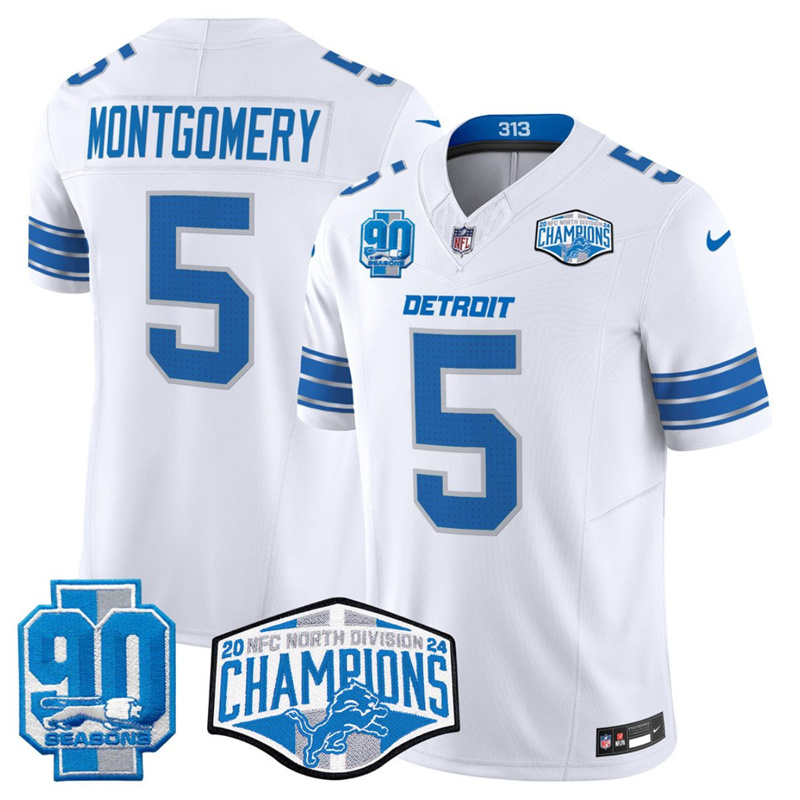 Men's Detroit Lions #5 David Montgomery White 2024 NFC North Champions 90th Anniversary Patch F.U.S.E. Vapor Limited Stitched Jersey Men's Detroit Lions #5 David Montgomery White 2024 NFC North Champions 90th Anniversary Patch F.U.S.E. Vapor Limited Stitched Jersey