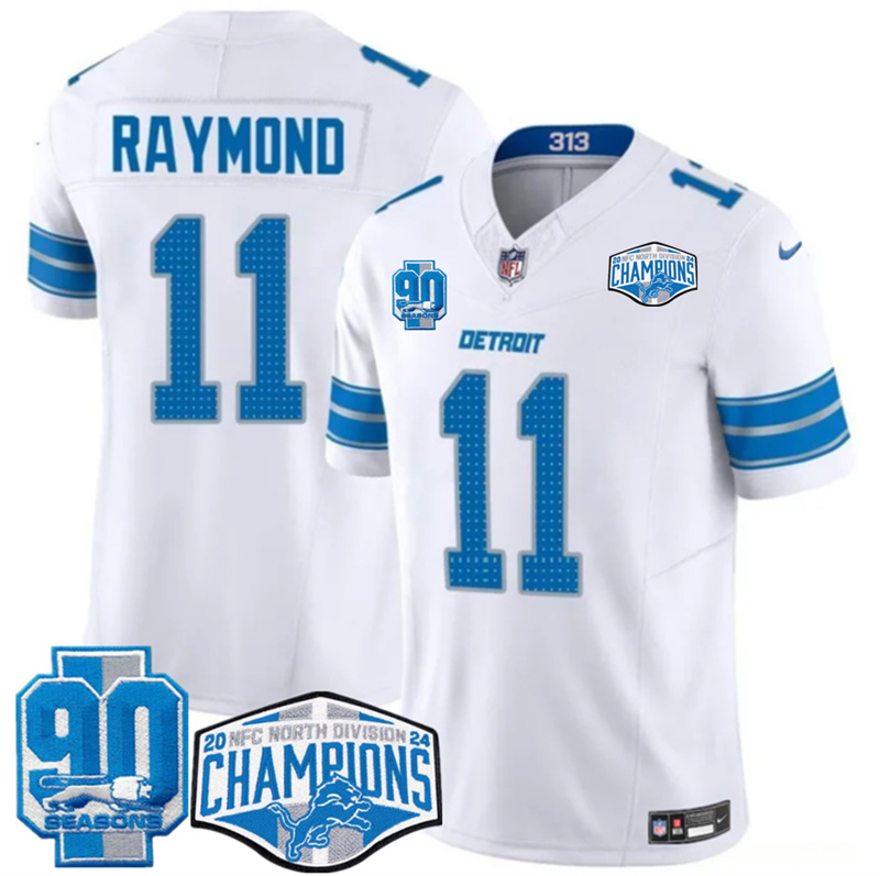 Men's Detroit Lions #11 Kalif Raymond White 2024 NFC North Champions 90th Anniversary Patch F.U.S.E. Vapor Limited Stitched Jersey Men's Detroit Lions #11 Kalif Raymond White 2024 NFC North Champions 90th Anniversary Patch F.U.S.E. Vapor Limited Stitched Jersey