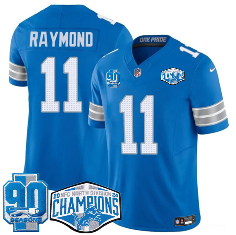 Men's Detroit Lions #11 Kalif Raymond Blue 2024 NFC North Champions 90th Anniversary Patch F.U.S.E. Vapor Limited Stitched Jersey Men's Detroit Lions #11 Kalif Raymond Blue 2024 NFC North Champions 90th Anniversary Patch F.U.S.E. Vapor Limited Stitched Jersey