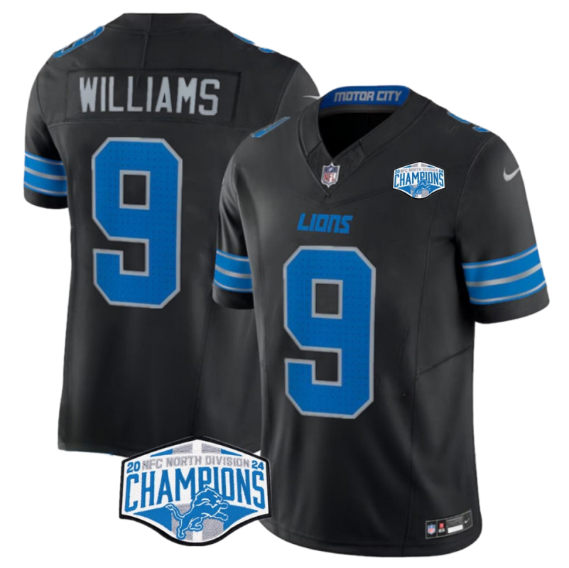 Men's Detroit Lions #9 Jameson Williams Black 2024 NFC North Champions 90th F.U.S.E. Vapor Limited Stitched Jersey