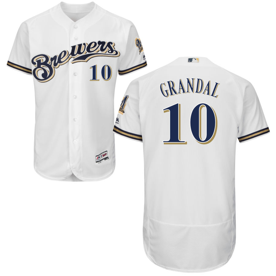 Milwaukee Brewers #10 Yasmani Grandal White Flex Base Authentic Stitched MLB Jersey Milwaukee Brewers #10 Yasmani Grandal White Flex Base Authentic Stitched MLB Jersey