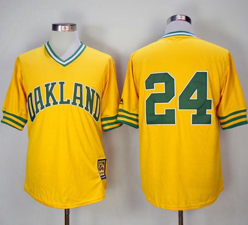 Mitchell And Ness 1981 Athletics #24 Rickey Henderson Yellow Throwback Stitched MLB Jersey Mitchell And Ness 1981 Athletics #24 Rickey Henderson Yellow Throwback Stitched MLB Jersey