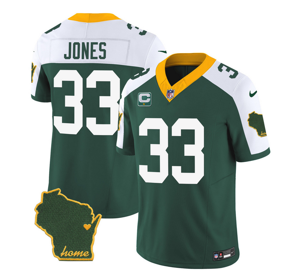 Men's Green Bay Packers #33 Aaron Jones Green/White 2023 F.U.S.E. Home Patch And 1-Star C Patch Vapor Untouchable Limited Stitched Jersey Men's Green Bay Packers #33 Aaron Jones Green/White 2023 F.U.S.E. Home Patch And 1-Star C Patch Vapor Untouchable Limited Stitched Jersey