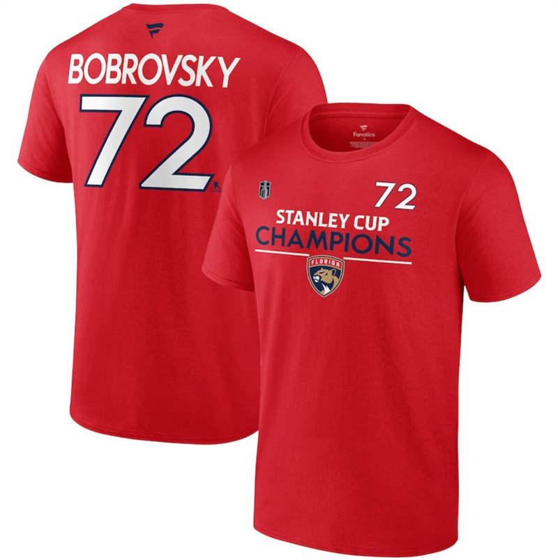 Men's Florida Panthers #72 Sergei Bobrovsky Red 2024 Stanley Cup Champions Pro Name & Number T-Shirt Men's Florida Panthers #72 Sergei Bobrovsky Red 2024 Stanley Cup Champions Pro Name & Number T-Shirt