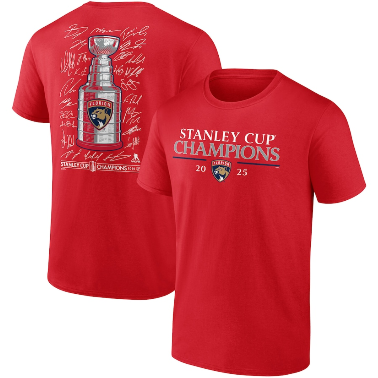 Men's Florida Panthers Red 2025 Stanley Cup Champions Signature Roster T-Shirt Men's Florida Panthers Red 2025 Stanley Cup Champions Signature Roster T-Shirt