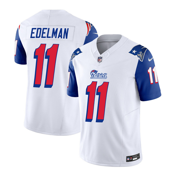 Men's New England Patriots #11 Julian Edelman White/Blue 2023 F.U.S.E. Throwback Limited Stitched Football Jersey