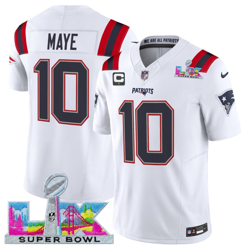 Men's New England Patriots #10 Drake Maye White 2025 F.U.S.E. Super Bowl LX Patch Vapor Limited Stitched Football Jersey Men's New England Patriots #10 Drake Maye White 2025 F.U.S.E. Super Bowl LX Patch Vapor Limited Stitched Football Jersey