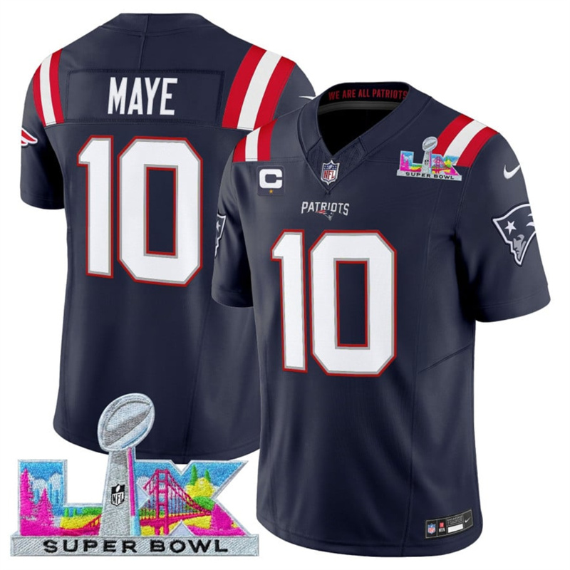 Men's New England Patriots #10 Drake Maye Navy 2025 F.U.S.E. Super Bowl LX Patch And 1-Star C Patch Vapor Limited Stitched Football Jersey