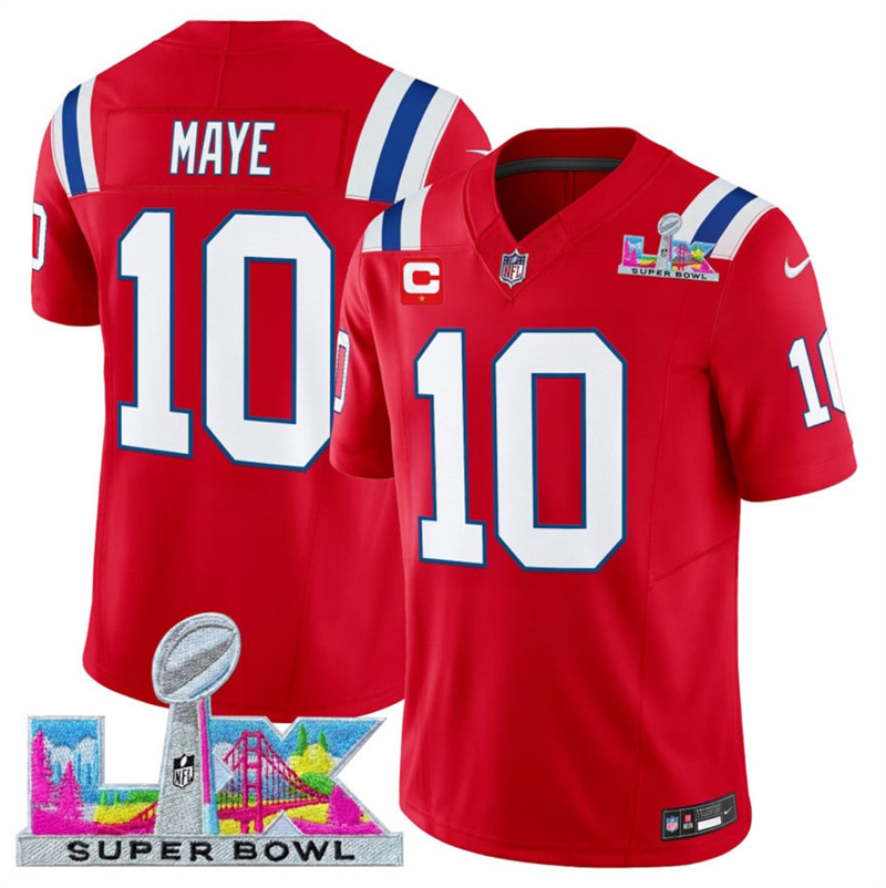 Men's New England Patriots #10 Drake Maye Red 2025 F.U.S.E. Super Bowl LX Patch And 1-Star C Patch Vapor Limited Stitched Football Jersey Men's New England Patriots #10 Drake Maye Red 2025 F.U.S.E. Super Bowl LX Patch And 1-Star C Patch Vapor Limited Stitched Football Jersey