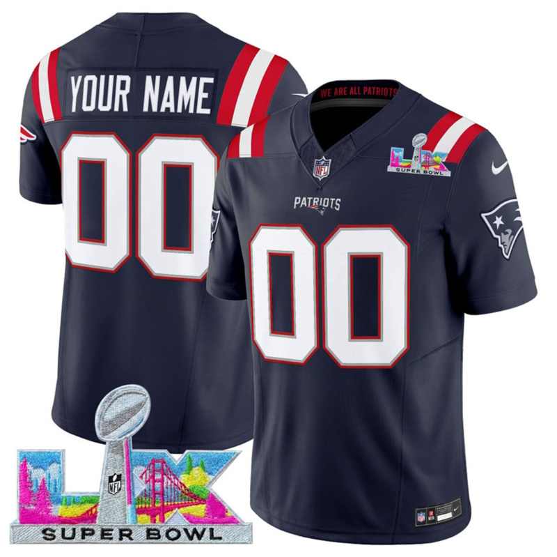 Men's New England Patriots Active Player Custom Navy 2025 F.U.S.E. Super Bowl LX Patch Vapor Limited Stitched Football Jersey Men's New England Patriots Active Player Custom Navy 2025 F.U.S.E. Super Bowl LX Patch Vapor Limited Stitched Football Jersey