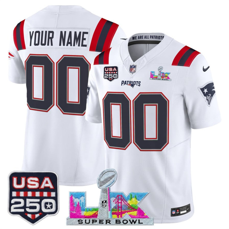 Men's New England Patriots Active Player Custom White 2025 F.U.S.E. Super Bowl LX & USA 250' Patch Vapor Limited Football Stitched Jersey Men's New England Patriots Active Player Custom White 2025 F.U.S.E. Super Bowl LX & USA 250' Patch Vapor Limited Football Stitched Jersey
