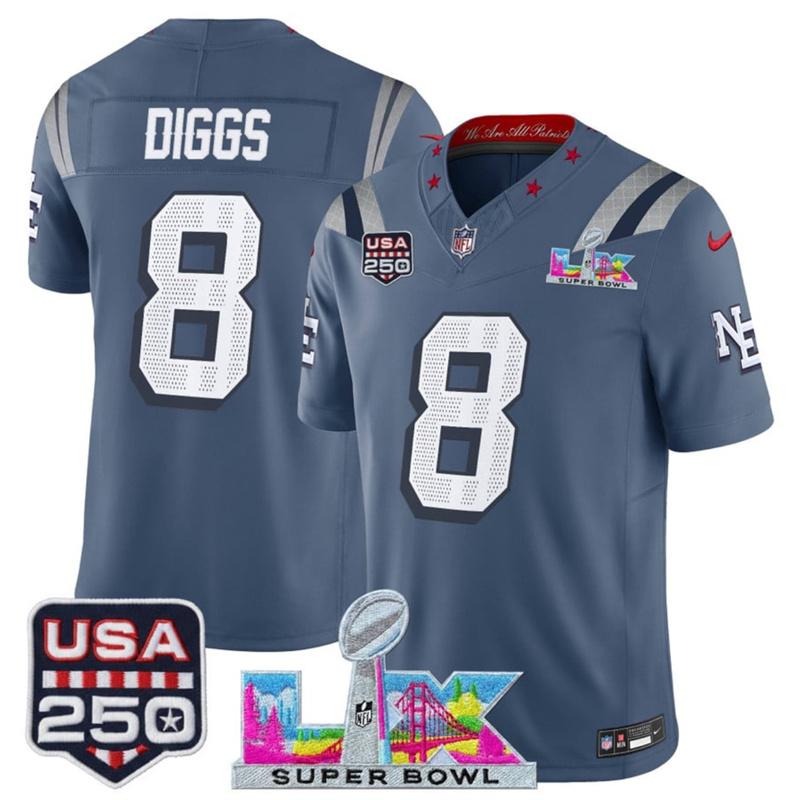 Men's New England Patriots #8 Stefon Diggs Storm Blue 2025 F.U.S.E. Super Bowl LX & USA 250' Patch “Rivalries” Vapor Limited Football Stitched Jersey Men's New England Patriots #8 Stefon Diggs Storm Blue 2025 F.U.S.E. Super Bowl LX & USA 250' Patch “Rivalries” Vapor Limited Football Stitched Jersey