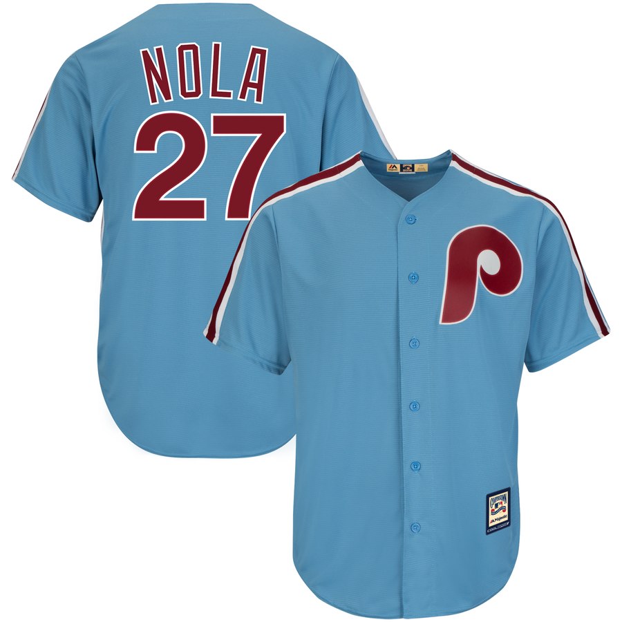 Philadelphia Phillies #27 Aaron Nola Majestic Alternate Official Cool Base Cooperstown Stitched MLB Jersey Light Blue Philadelphia Phillies #27 Aaron Nola Majestic Alternate Official Cool Base Cooperstown Stitched MLB Jersey Light Blue