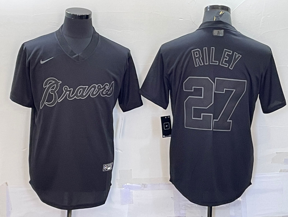 Men's Atlanta Braves #27 Austin Riley Black Pitch Black Fashion Stitched Jersey Men's Atlanta Braves #27 Austin Riley Black Pitch Black Fashion Stitched Jersey