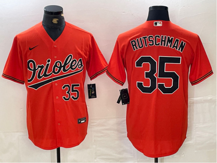 Men's Baltimore Orioles #35 Adley Rutschman Orange With Patch Cool Base Stitched Baseball Jersey