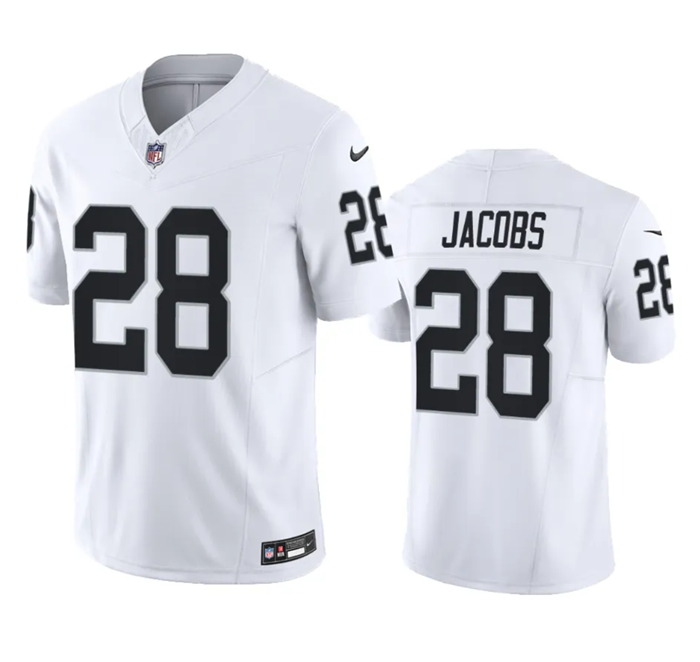 Men's Las Vegas Raiders #28 Josh Jacobs White 2023 F.U.S.E Vapor Untouchable Stitched Football Jersey Men's Las Vegas Raiders #28 Josh Jacobs White 2023 F.U.S.E Vapor Untouchable Stitched Football Jersey