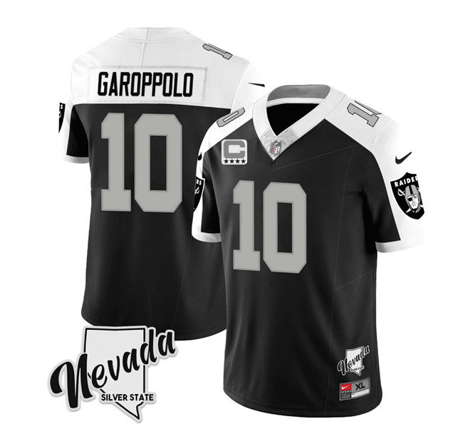 Men's Las Vegas Raiders #10 Jimmy Garoppolo Black/White 2023 F.U.S.E Nevada Silver Stat With 4-Star C patch Stitched Football Jersey Men's Las Vegas Raiders #10 Jimmy Garoppolo Black/White 2023 F.U.S.E Nevada Silver Stat With 4-Star C patch Stitched Football Jersey