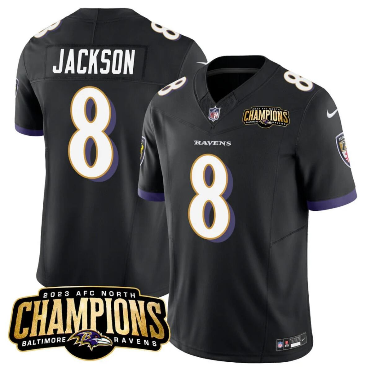 Men's Baltimore Ravens #8 Lamar Jackson Black 2023 F.U.S.E. AFC North Champions Vapor Limited Football Jersey Men's Baltimore Ravens #8 Lamar Jackson Black 2023 F.U.S.E. AFC North Champions Vapor Limited Football Jersey