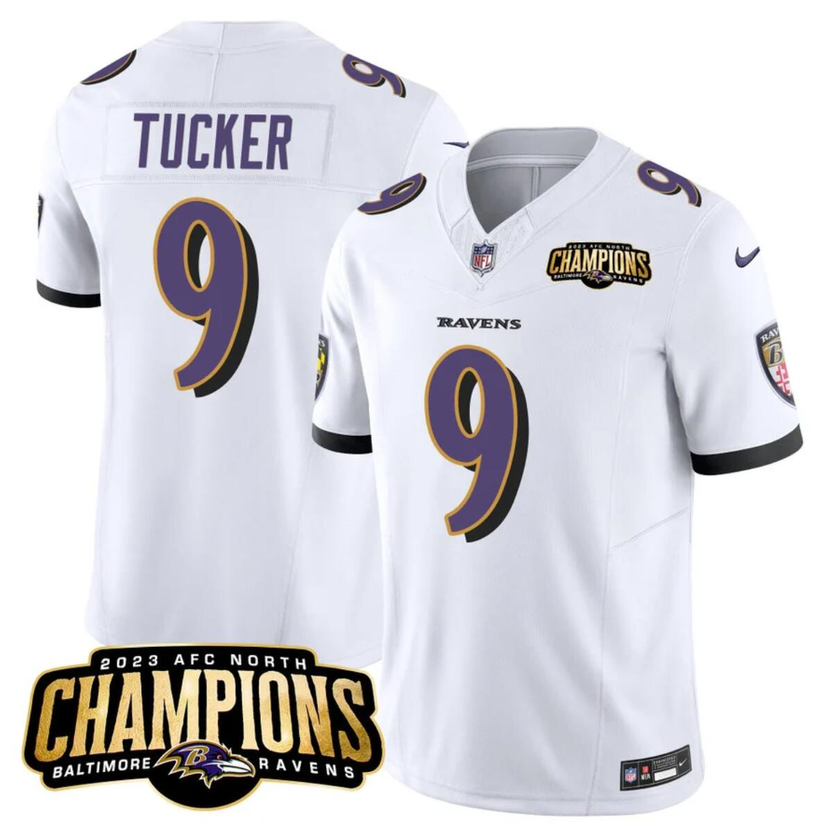 Men's Baltimore Ravens #9 Justin Tucker White 2023 F.U.S.E. AFC North Champions Vapor Limited Football Jersey Men's Baltimore Ravens #9 Justin Tucker White 2023 F.U.S.E. AFC North Champions Vapor Limited Football Jersey