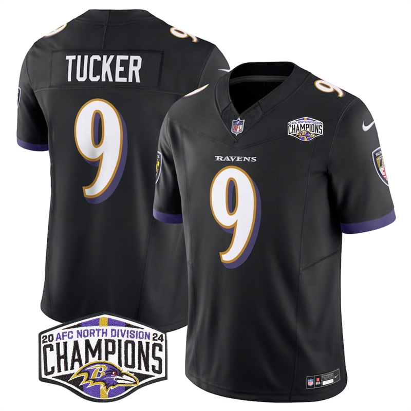 Men's Baltimore Ravens #9 Justin Tucker Black F.U.S.E 2024 AFC North Division Champions Vapor Limited Football Jersey Men's Baltimore Ravens #9 Justin Tucker Black F.U.S.E 2024 AFC North Division Champions Vapor Limited Football Jersey