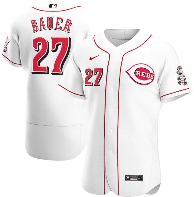 Men's Cincinnati Reds #27 Trevor Bauer White MLB Flex Base Stitched Jersey Men's Cincinnati Reds #27 Trevor Bauer White MLB Flex Base Stitched Jersey