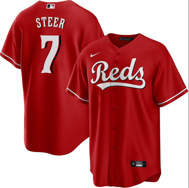 Men's Cincinnati Reds #7 Spencer Steer Red Cool Base Stitched Baseball Jersey Men's Cincinnati Reds #7 Spencer Steer Red Cool Base Stitched Baseball Jersey