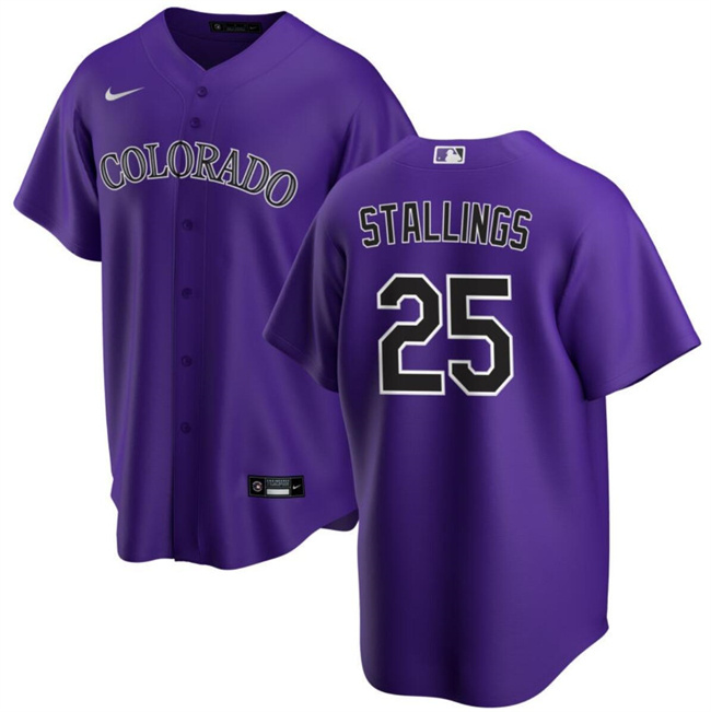 Men's Colorado Rockies #25 Jacob Stallings Purple Cool Base Stitched Baseball Jersey Men's Colorado Rockies #25 Jacob Stallings Purple Cool Base Stitched Baseball Jersey