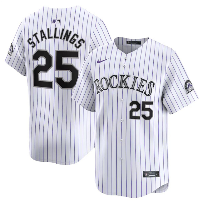 Men's Colorado Rockies #25 Jacob Stallings White Home Limited Stitched Baseball Jersey Men's Colorado Rockies #25 Jacob Stallings White Home Limited Stitched Baseball Jersey