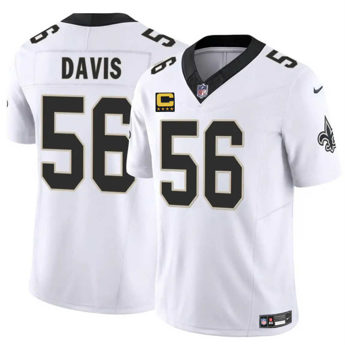 Men's New Orleans Saints #56 DeMario Davis White 2025 F.U.S.E With 4-Star C Patch Vapor Limited Stitched Football Jersey Men's New Orleans Saints #56 DeMario Davis White 2025 F.U.S.E With 4-Star C Patch Vapor Limited Stitched Football Jersey