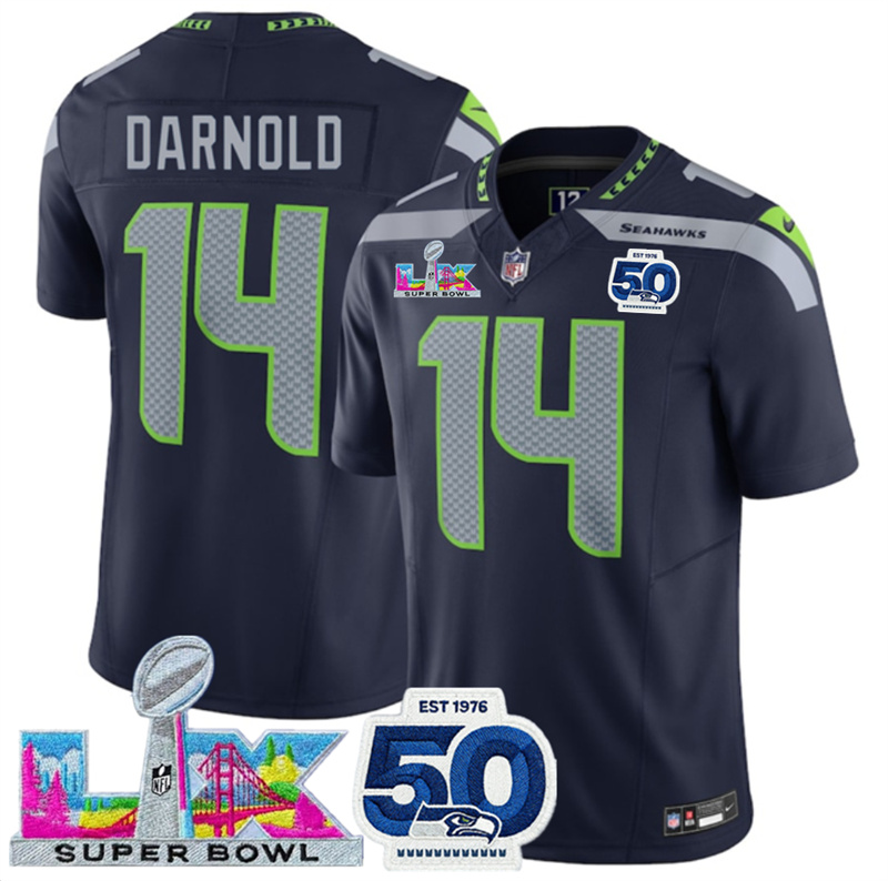 Men's Seattle Seahawks #14 Sam Darnold Navy 2025 F.U.S.E. Super Bowl LX Patch And 50th Season Patch Vapor Limited Stitched Football Jersey