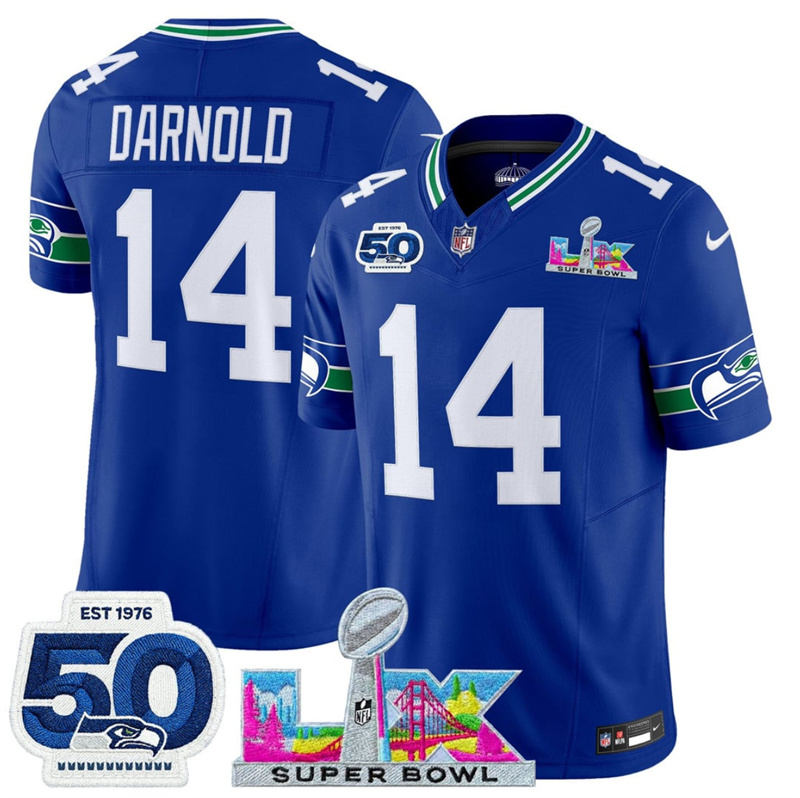 Men's Seattle Seahawks #14 Sam Darnold Royal 2025 F.U.S.E. Super Bowl LX Patch And 50th Season Patch Vapor Limited Stitched Football Jersey Men's Seattle Seahawks #14 Sam Darnold Royal 2025 F.U.S.E. Super Bowl LX Patch And 50th Season Patch Vapor Limited Stitched Football Jersey